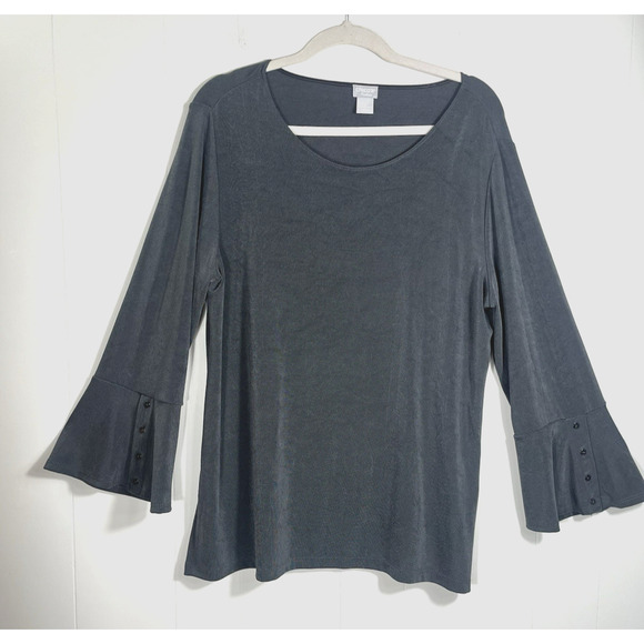 Chicos Travelers Flare Button Accent Sleeve Top Slinky Knit Gray Size 2 US Large - Picture 1 of 10